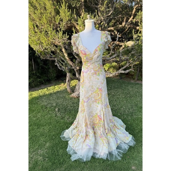 Hartnell Maxi Dress Floral Ruffle Flutter Sleeve V Neck Gown S M Silk - Picture 6 of 14